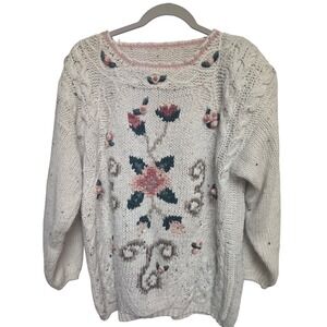 Vintage‎ 90s Chunky Knit Floral Applique Sweater Cream Cable Knit Women's Cozy